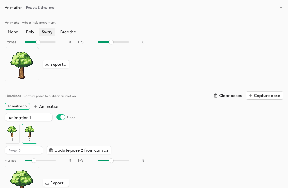 The Animation section with presets and a pose timeline