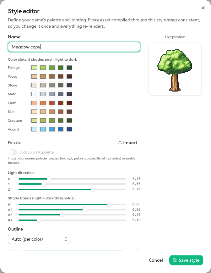 The style editor with color slots, palette import, light and outline settings