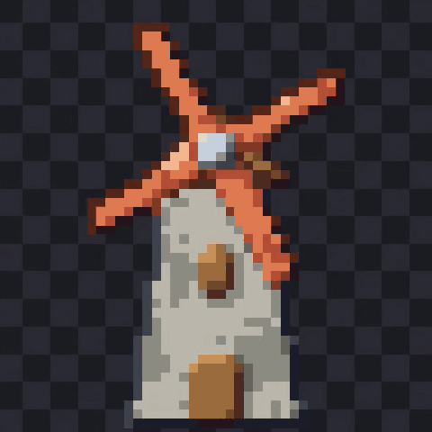 A pixel art stone windmill with orange sails spinning in a loop