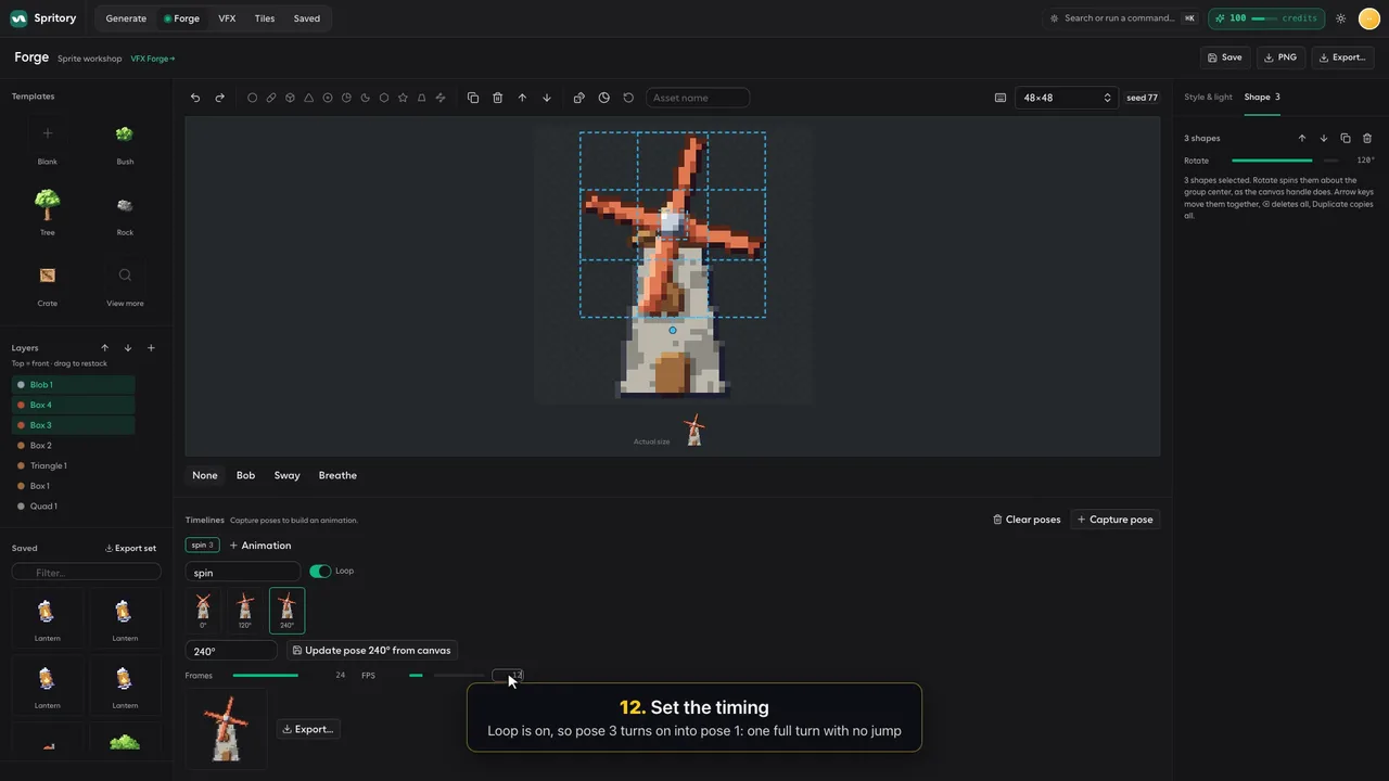 Frames and FPS settings on the spin timeline