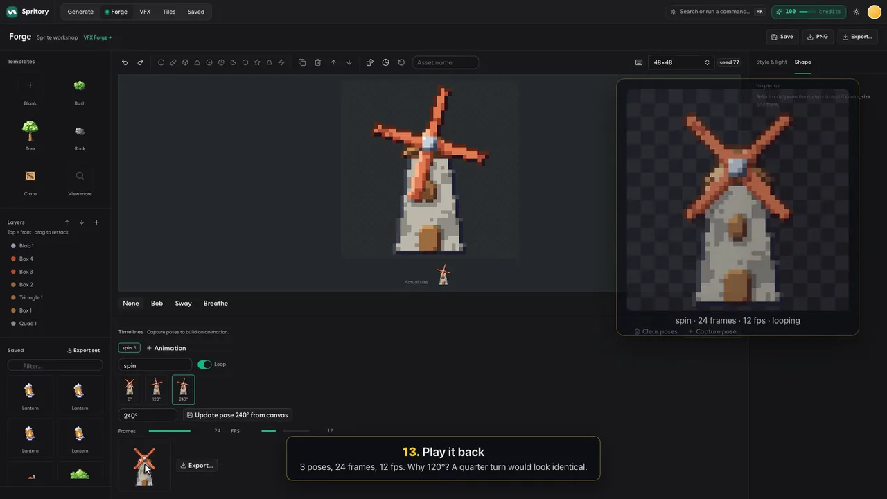 The animation preview playing the spinning windmill